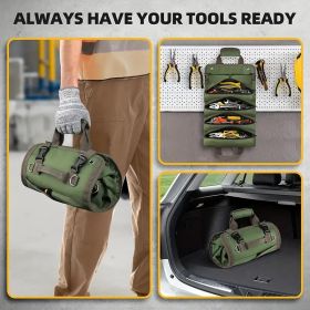 High Quality Multi-pocket Roll Tool Storage Bag With Multiple Compartments And 2 Detachable Pockets - Durable Polyester For Electricians, Mechani (Color: Military green professional grade)